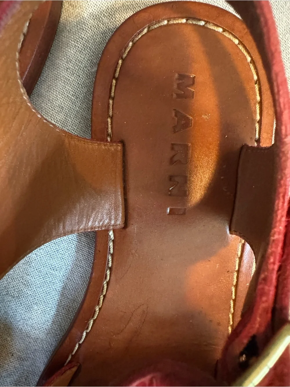 Marni Red Leather Strappy Sandal with Gold Buckle